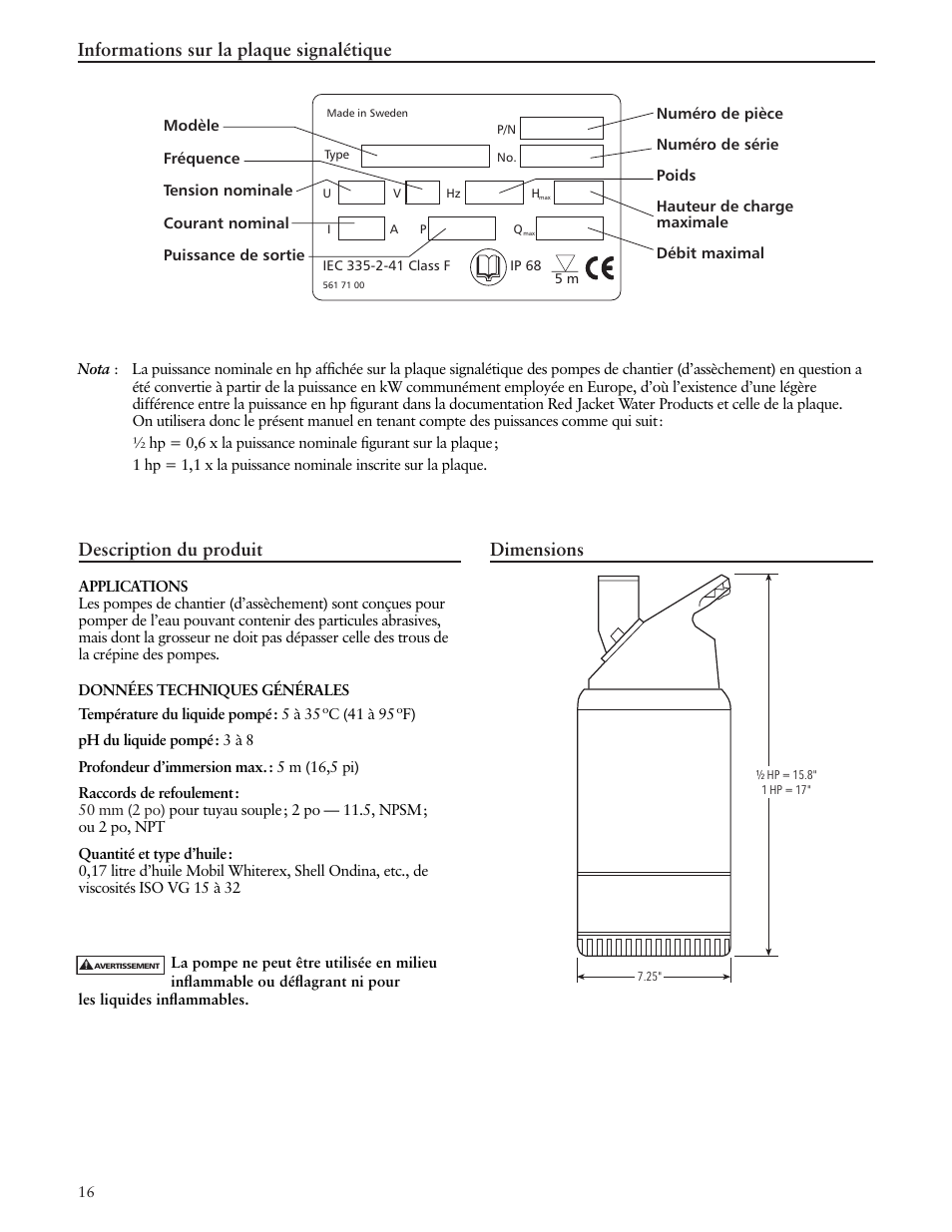 Informations sur la plaque signalétique, Dimensions, Description du produit | Xylem IM162 R03 Dewatering Pumps Contractor Dewatering Pump User Manual | Page 16 / 20