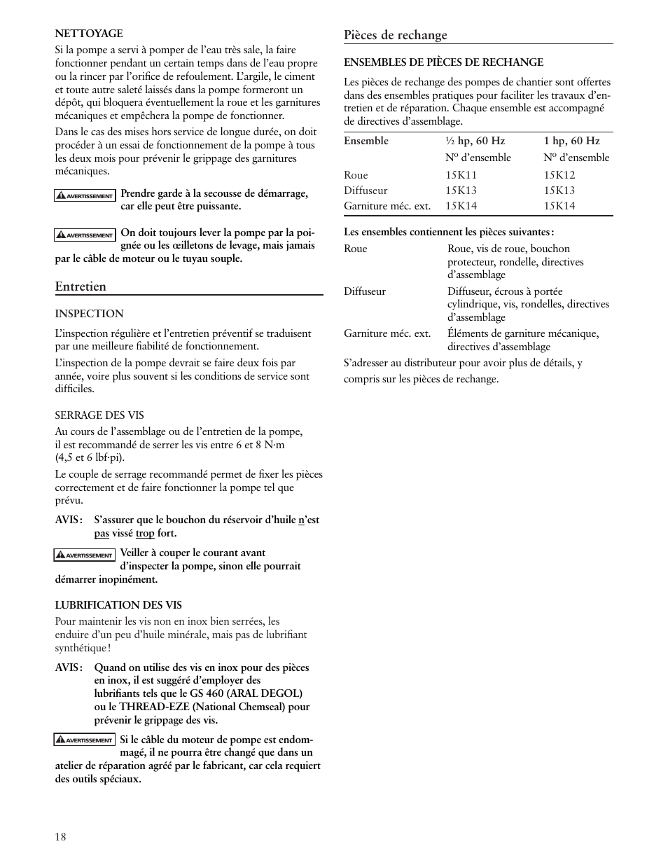 Entretien, Pièces de rechange | Xylem IM162 R03 Dewatering Pumps Contractor Dewatering Pump User Manual | Page 18 / 20