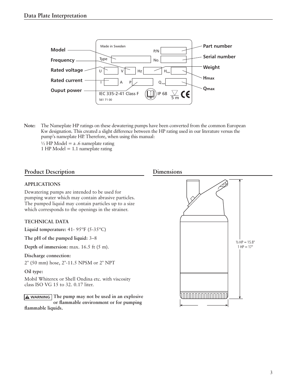 Data plate interpretation, Product description, Dimensions | Xylem IM162 R03 Dewatering Pumps Contractor Dewatering Pump User Manual | Page 3 / 20
