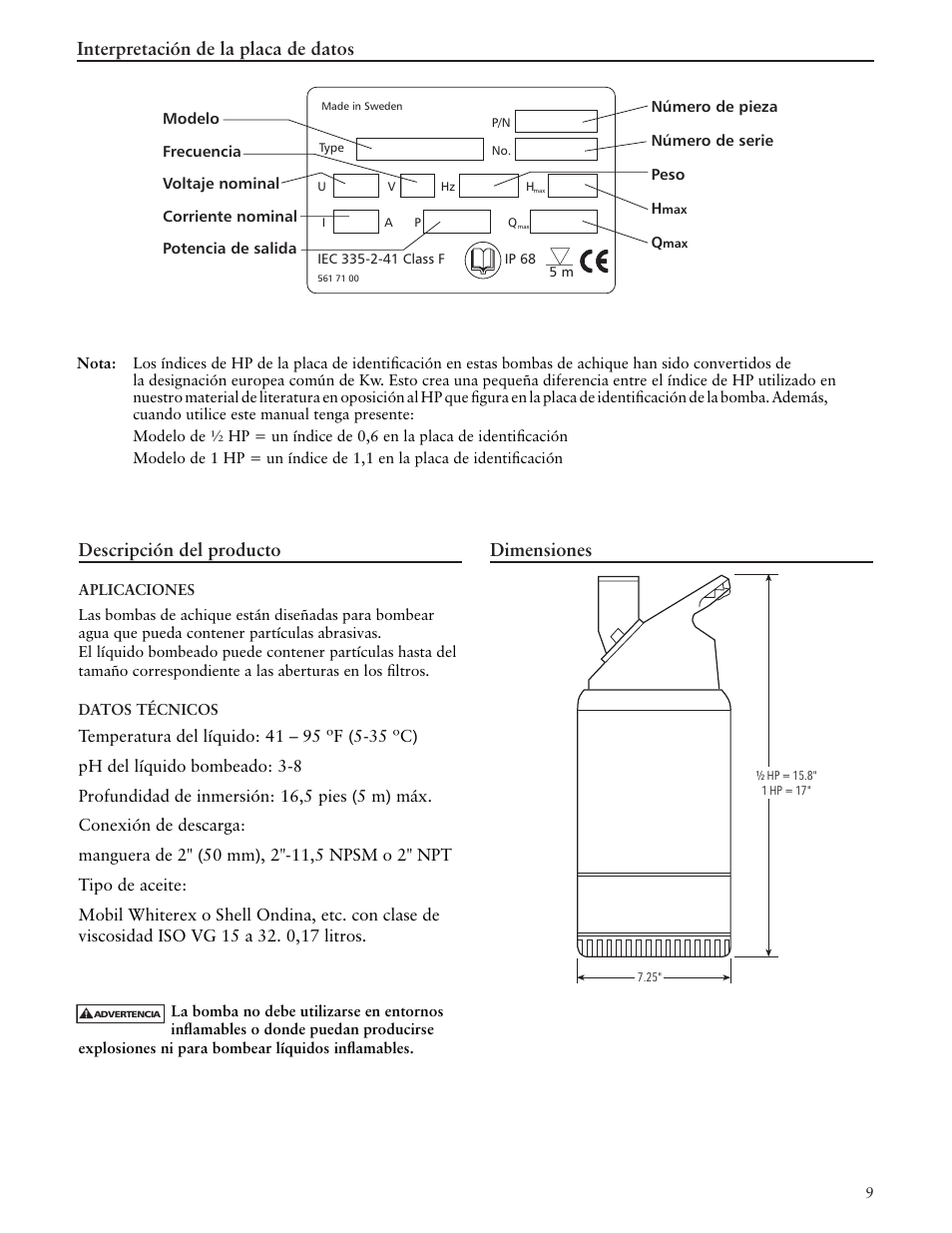 Interpretación de la placa de datos, Dimensiones descripción del producto | Xylem IM162 R03 Dewatering Pumps Contractor Dewatering Pump User Manual | Page 9 / 20