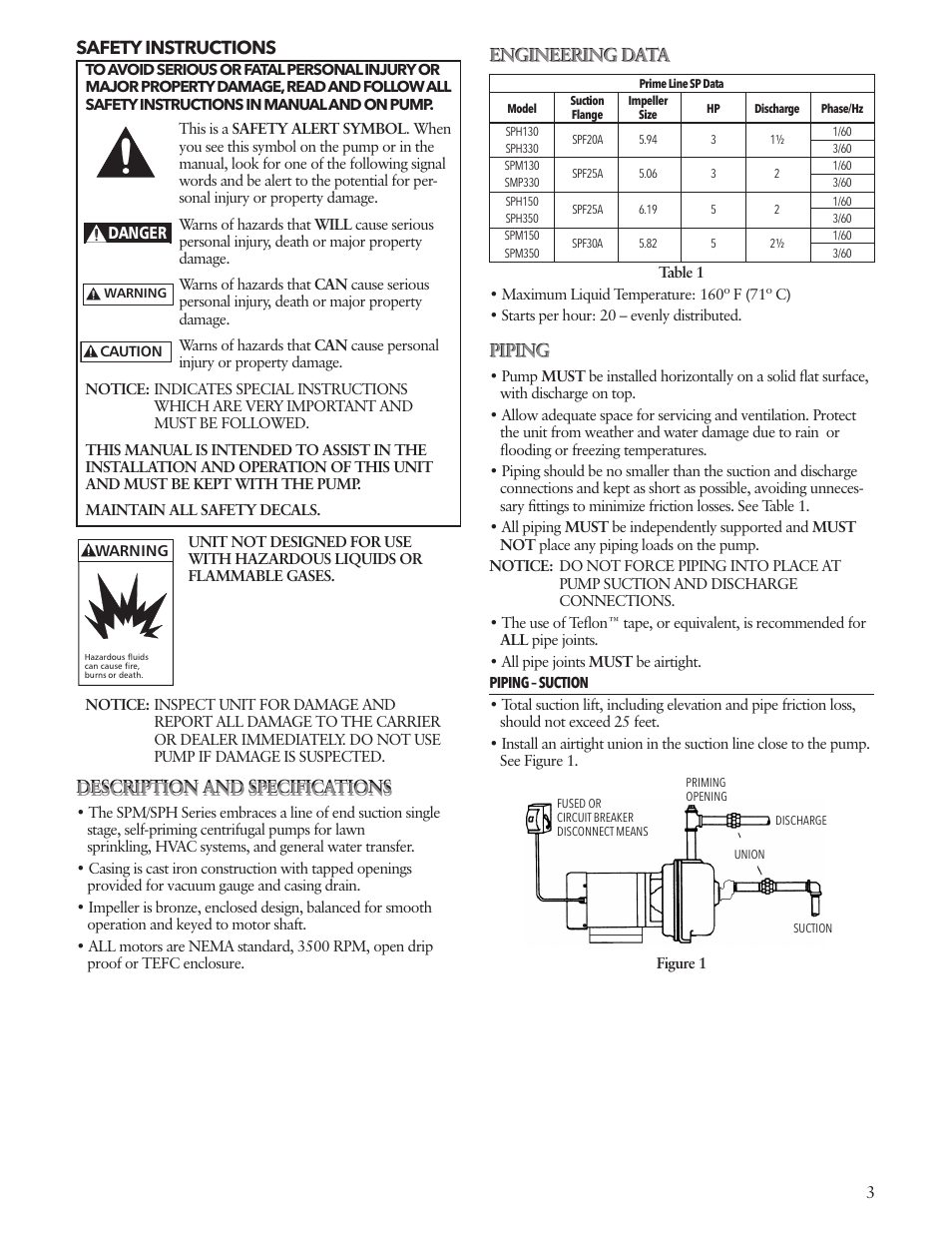 Safety instructions, Description and specifications, Engineering data | Piping | Xylem IM188 R01 SPM_SPH Self-Priming Pumps User Manual | Page 3 / 24