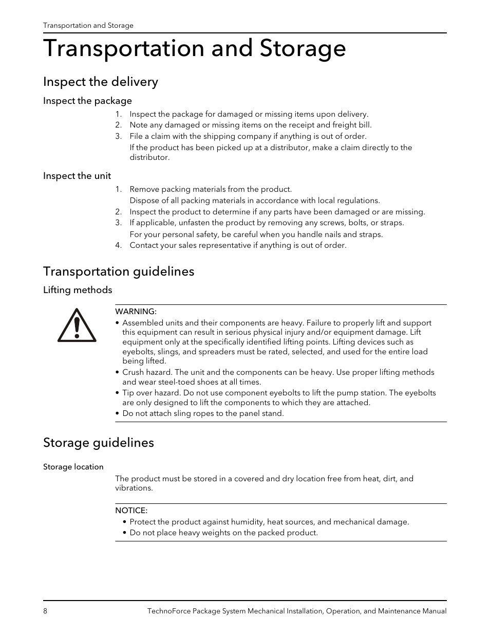 Transportation and storage, Inspect the delivery, Inspect the package | Inspect the unit, Transportation guidelines, Lifting methods, Storage guidelines, Inspect the package inspect the unit, Storage location | Xylem 10 001 247 R2 TechnoForce Package System User Manual | Page 10 / 34