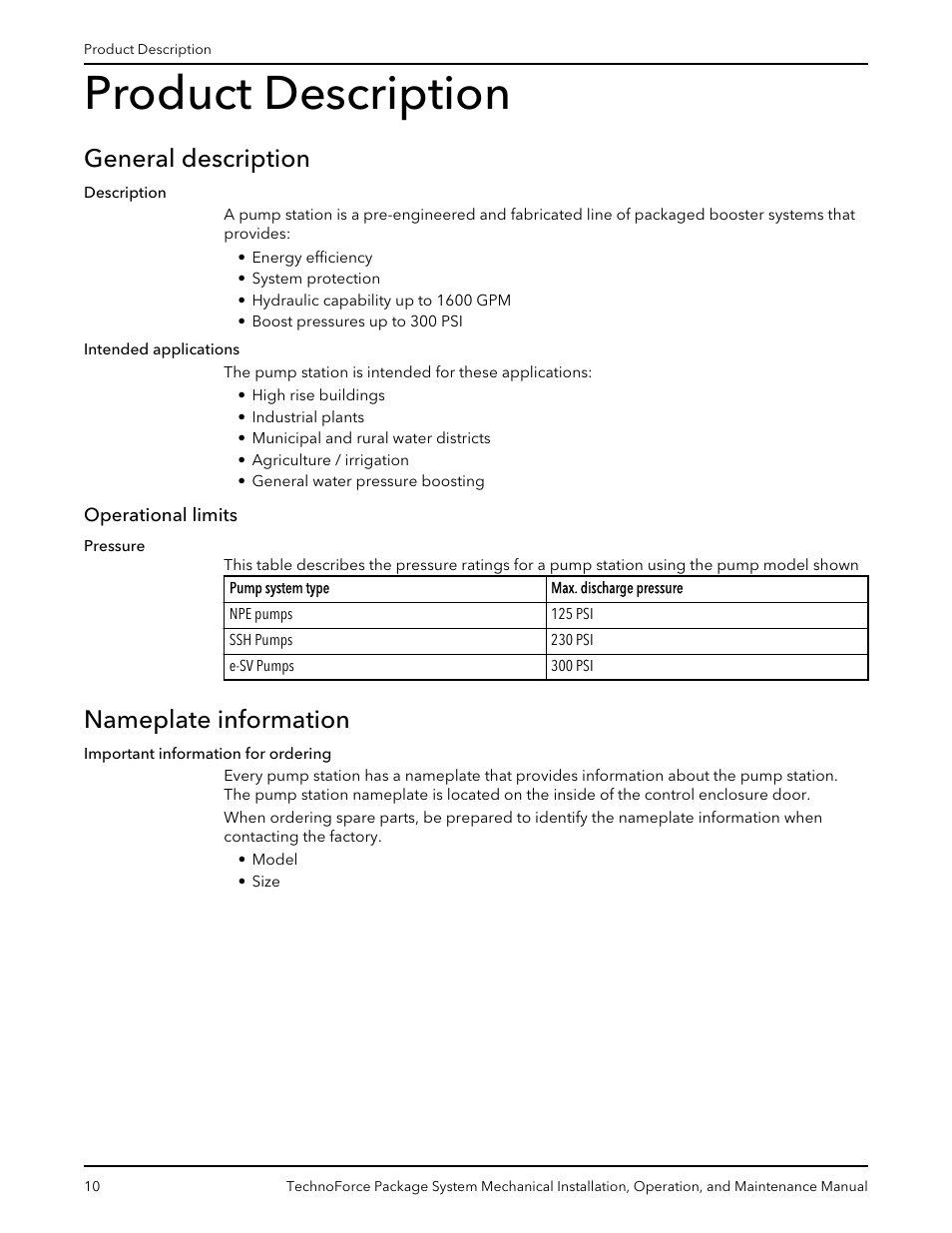 Product description, General description, Operational limits | Nameplate information | Xylem 10 001 247 R2 TechnoForce Package System User Manual | Page 12 / 34