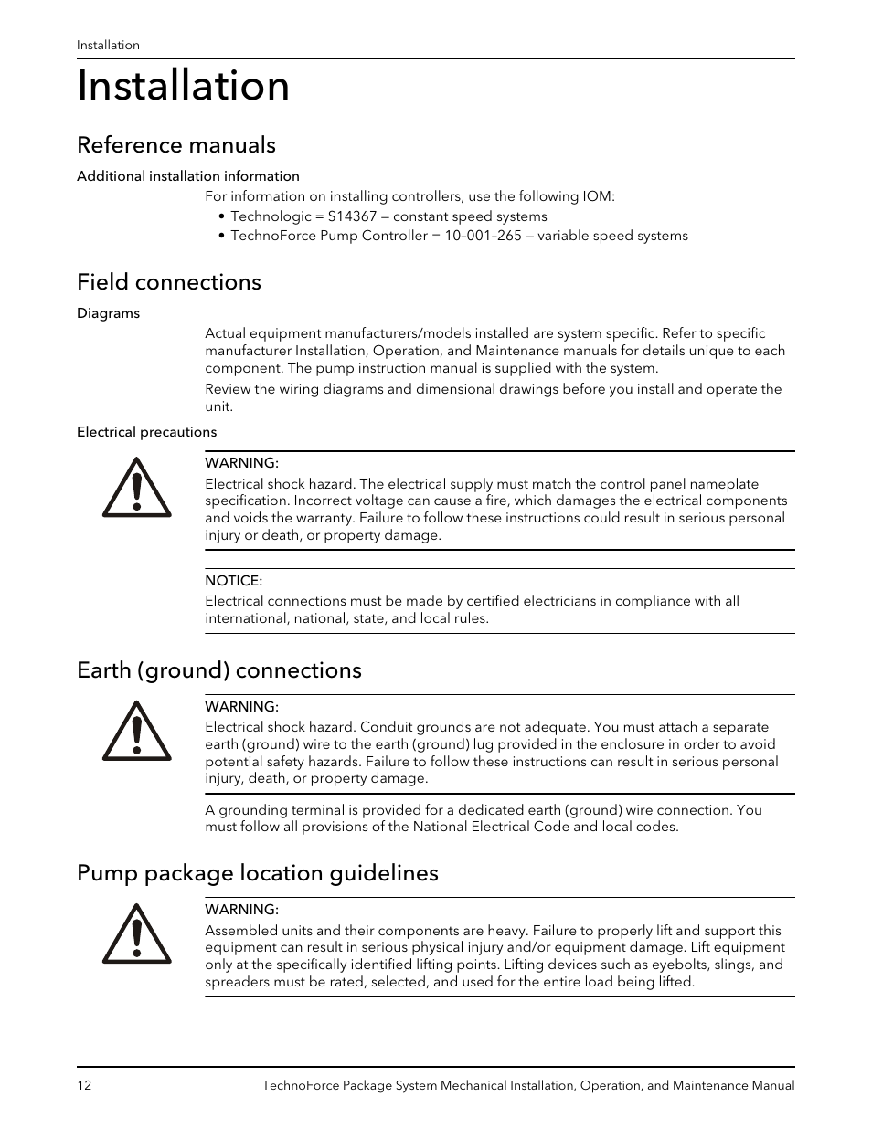 Installation, Reference manuals, Field connections | Earth (ground) connections, Pump package location guidelines | Xylem 10 001 247 R2 TechnoForce Package System User Manual | Page 14 / 34
