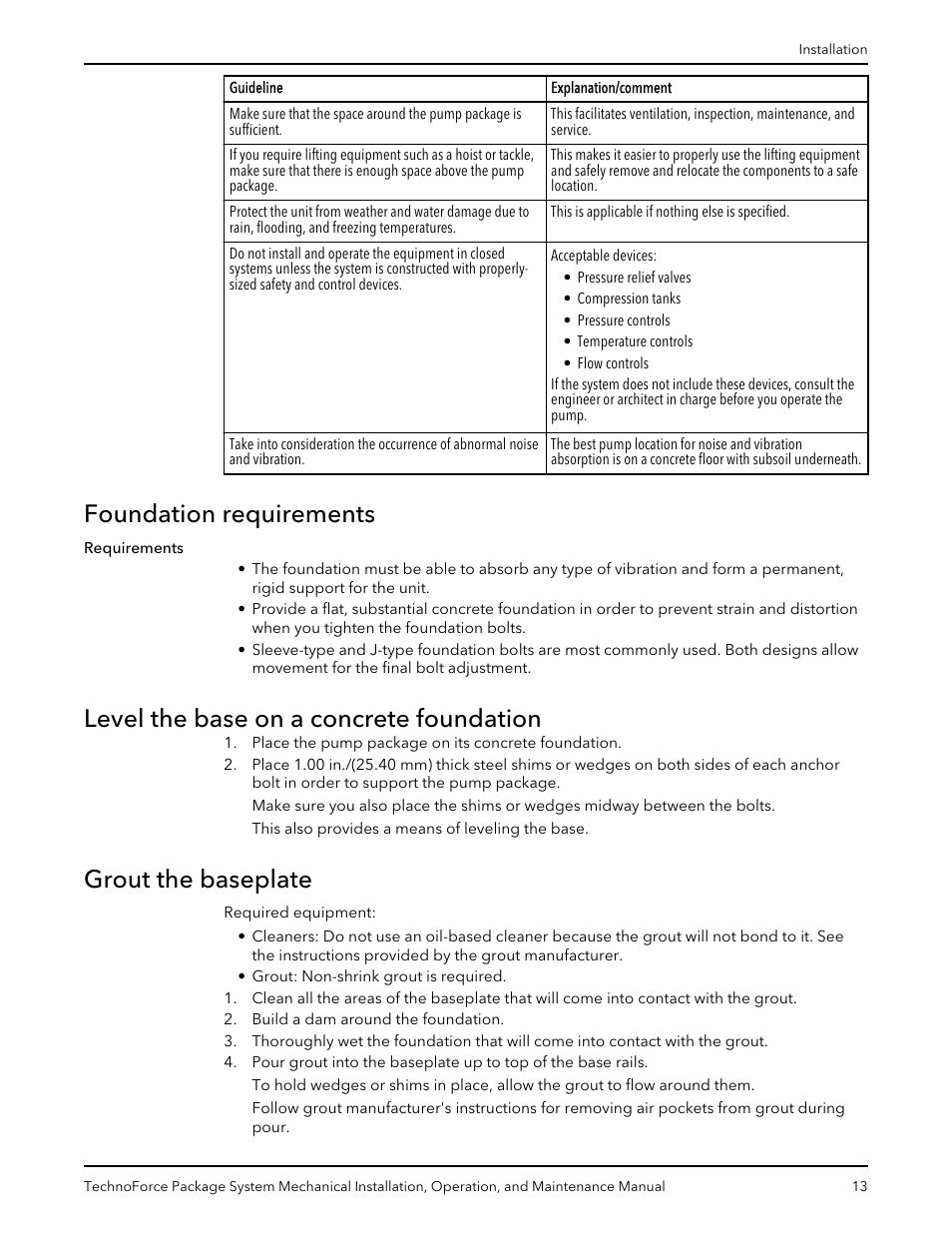 Foundation requirements, Level the base on a concrete foundation, Grout the baseplate | Xylem 10 001 247 R2 TechnoForce Package System User Manual | Page 15 / 34