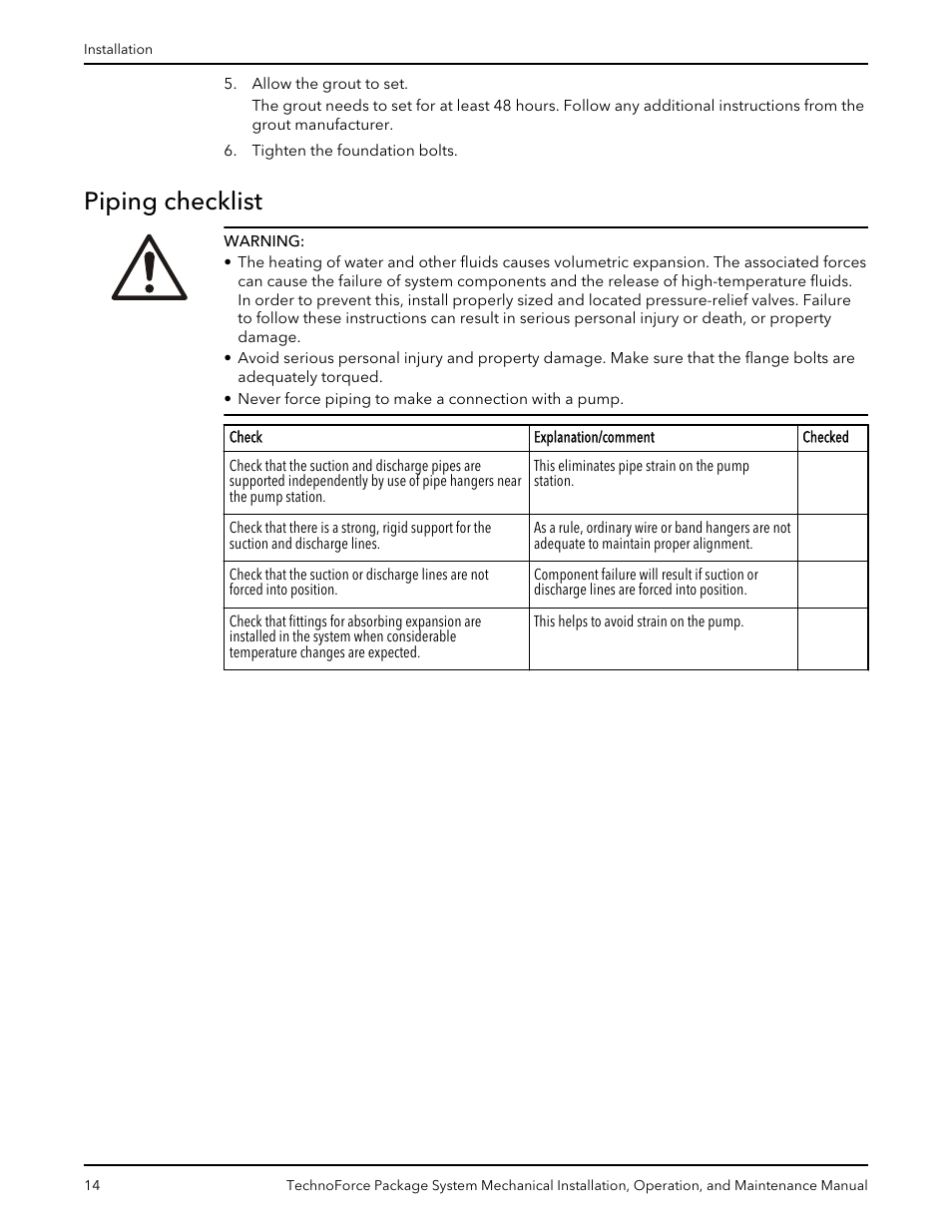 Piping checklist | Xylem 10 001 247 R2 TechnoForce Package System User Manual | Page 16 / 34