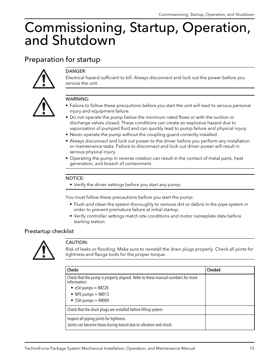 Commissioning, startup, operation, and shutdown, Preparation for startup, Prestartup checklist | Xylem 10 001 247 R2 TechnoForce Package System User Manual | Page 17 / 34