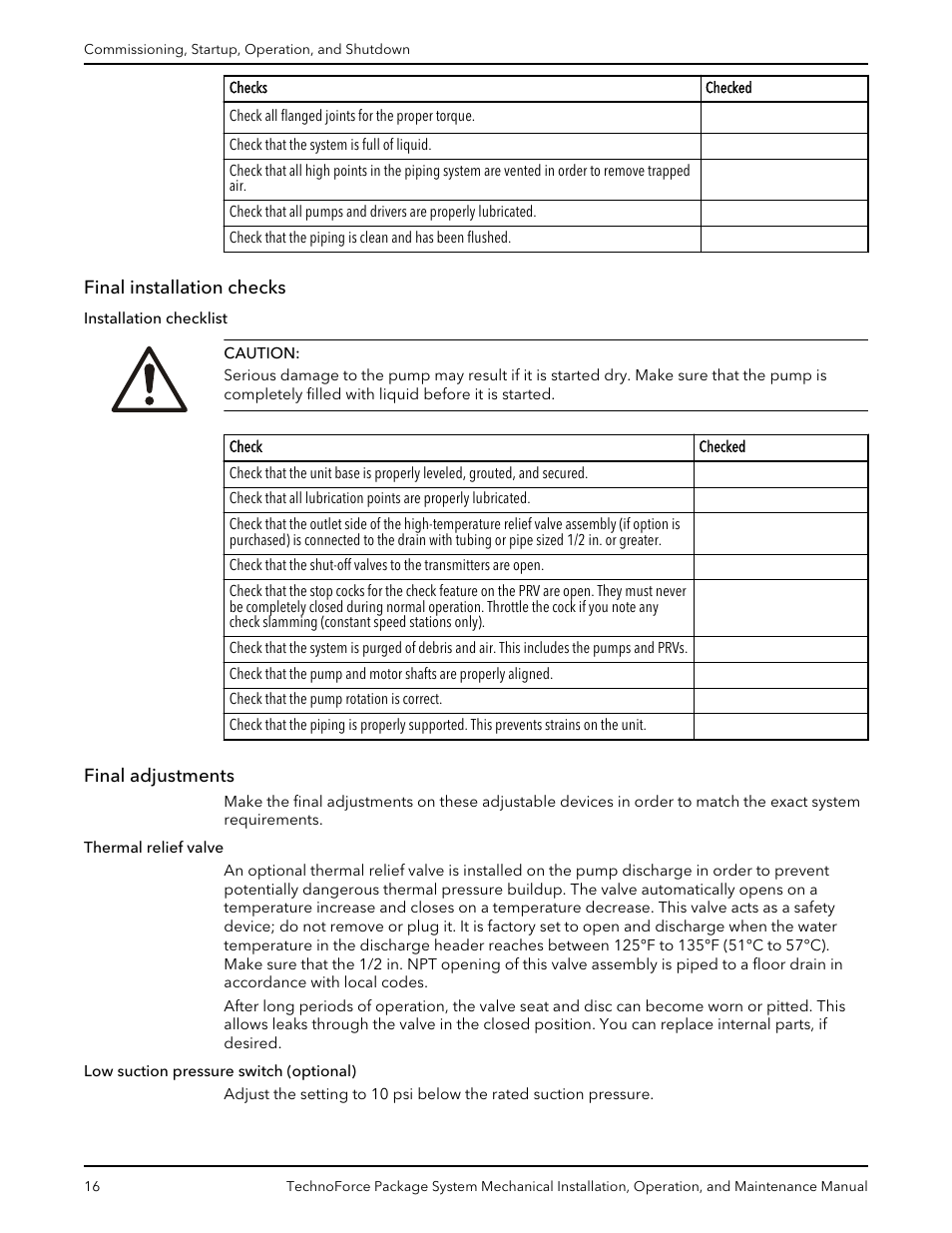 Final installation checks, Final adjustments, Final installation checks final adjustments | Xylem 10 001 247 R2 TechnoForce Package System User Manual | Page 18 / 34