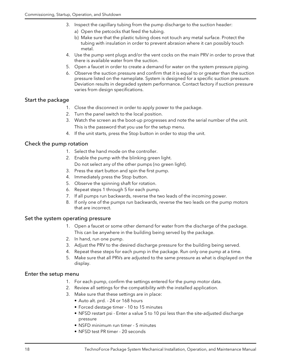 Start the package, Check the pump rotation, Set the system operating pressure | Enter the setup menu | Xylem 10 001 247 R2 TechnoForce Package System User Manual | Page 20 / 34