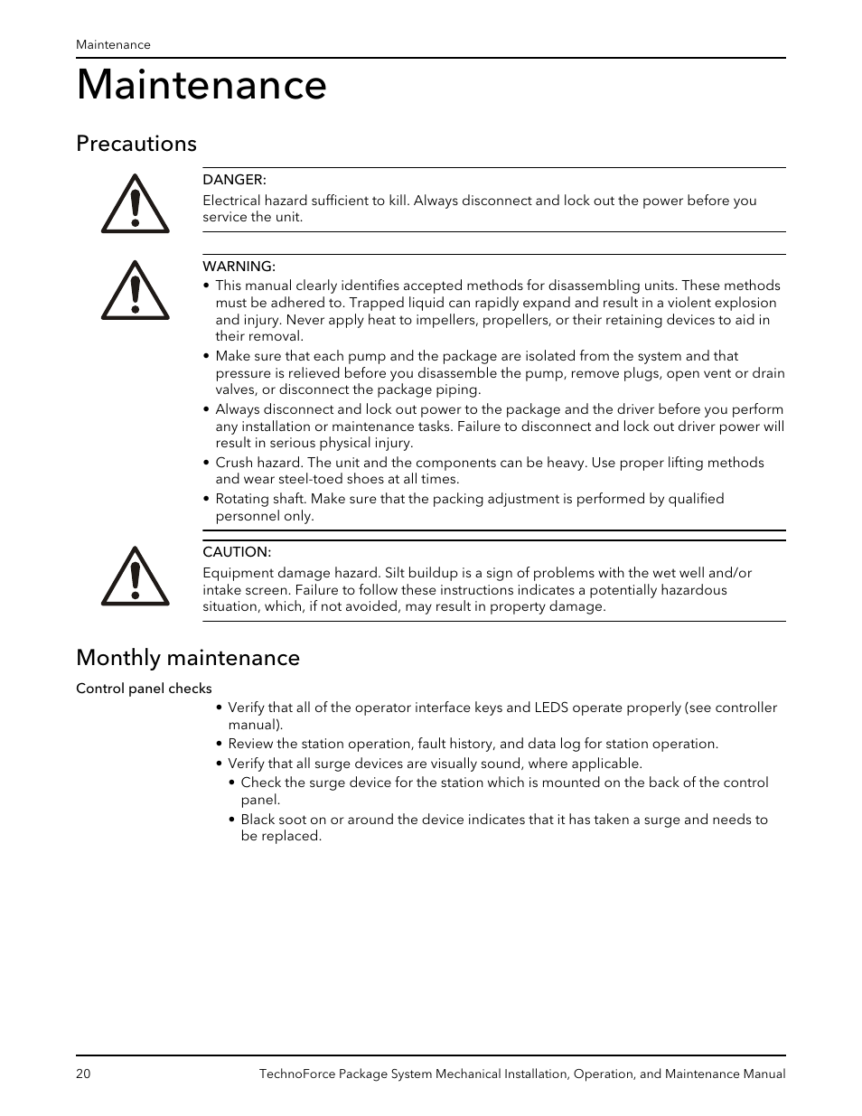 Maintenance, Precautions, Monthly maintenance | Precautions monthly maintenance | Xylem 10 001 247 R2 TechnoForce Package System User Manual | Page 22 / 34