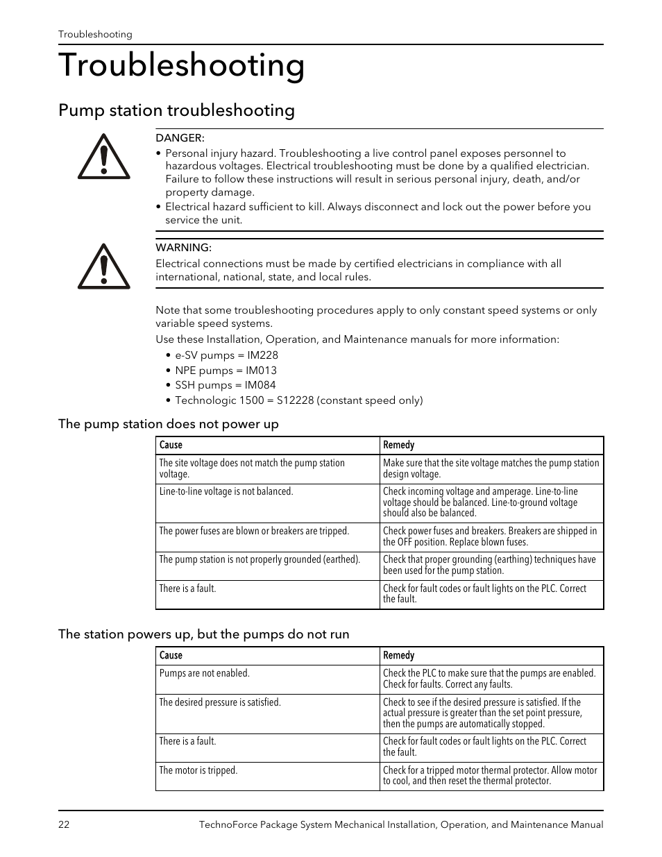 Troubleshooting, Pump station troubleshooting, The pump station does not power up | The station powers up, but the pumps do not run | Xylem 10 001 247 R2 TechnoForce Package System User Manual | Page 24 / 34