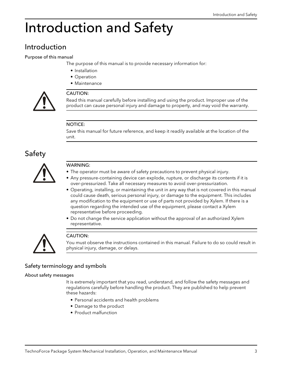 Introduction and safety, Introduction, Safety | Safety terminology and symbols, Introduction safety | Xylem 10 001 247 R2 TechnoForce Package System User Manual | Page 5 / 34