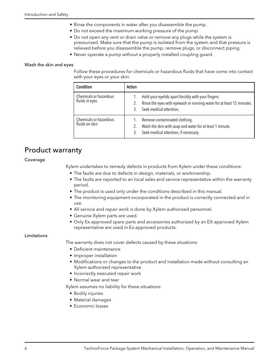 Product warranty, Wash the skin and eyes | Xylem 10 001 247 R2 TechnoForce Package System User Manual | Page 8 / 34