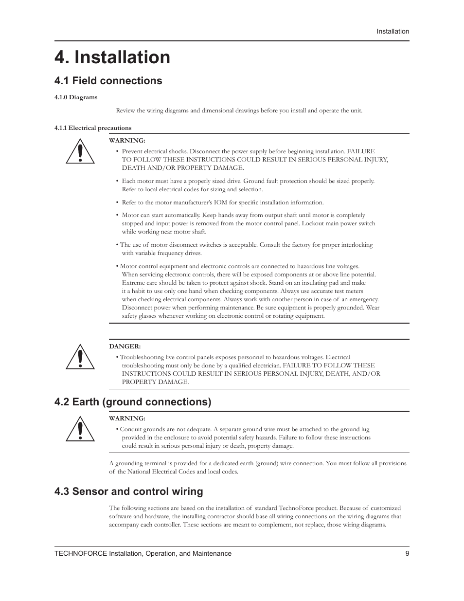 Installation, 1 field connections, 2 earth (ground connections) | 3 sensor and control wiring | Bell & Gossett 10 001 265R5 TechnoForce Pump Controller User Manual | Page 15 / 76