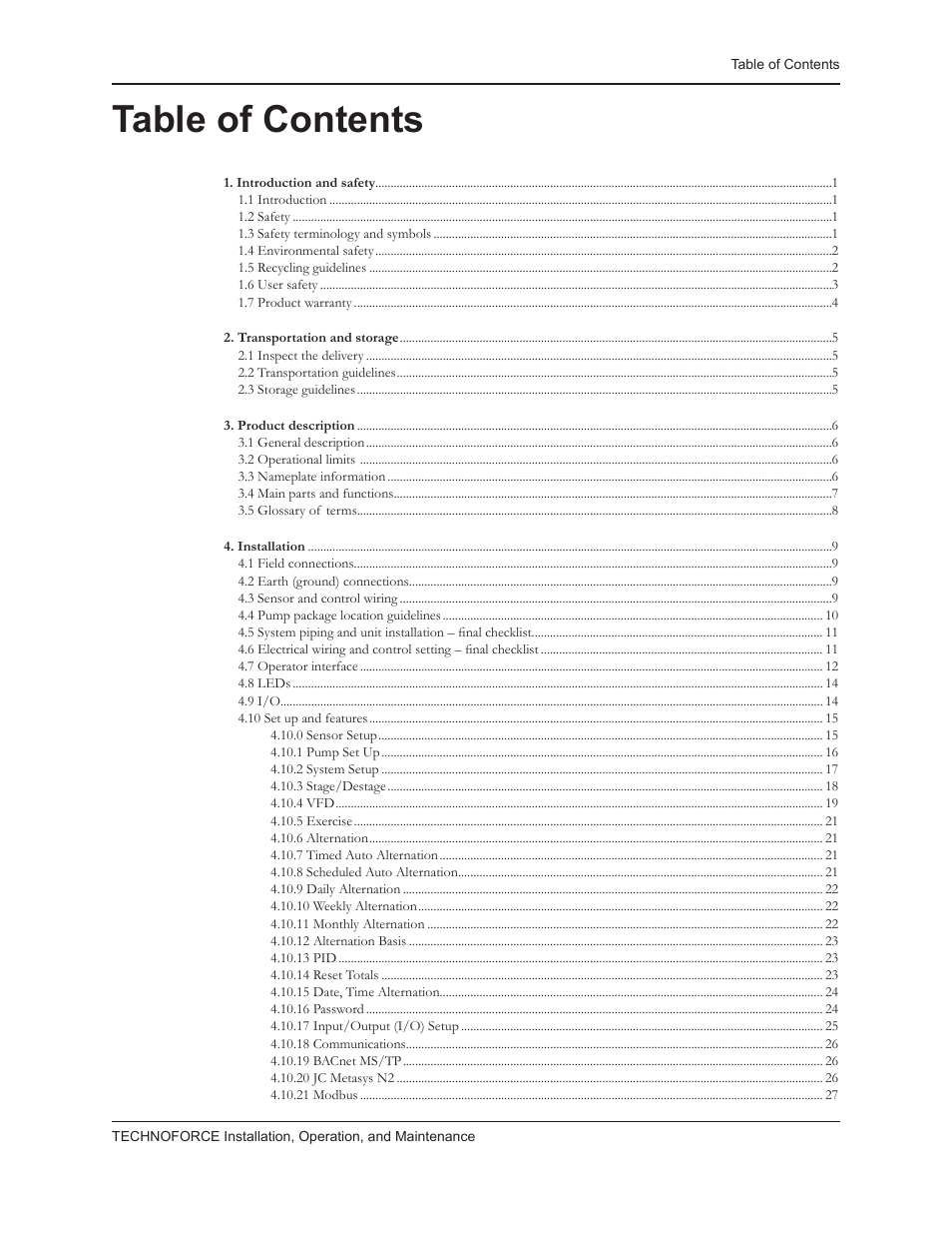 Bell & Gossett 10 001 265R5 TechnoForce Pump Controller User Manual | Page 3 / 76