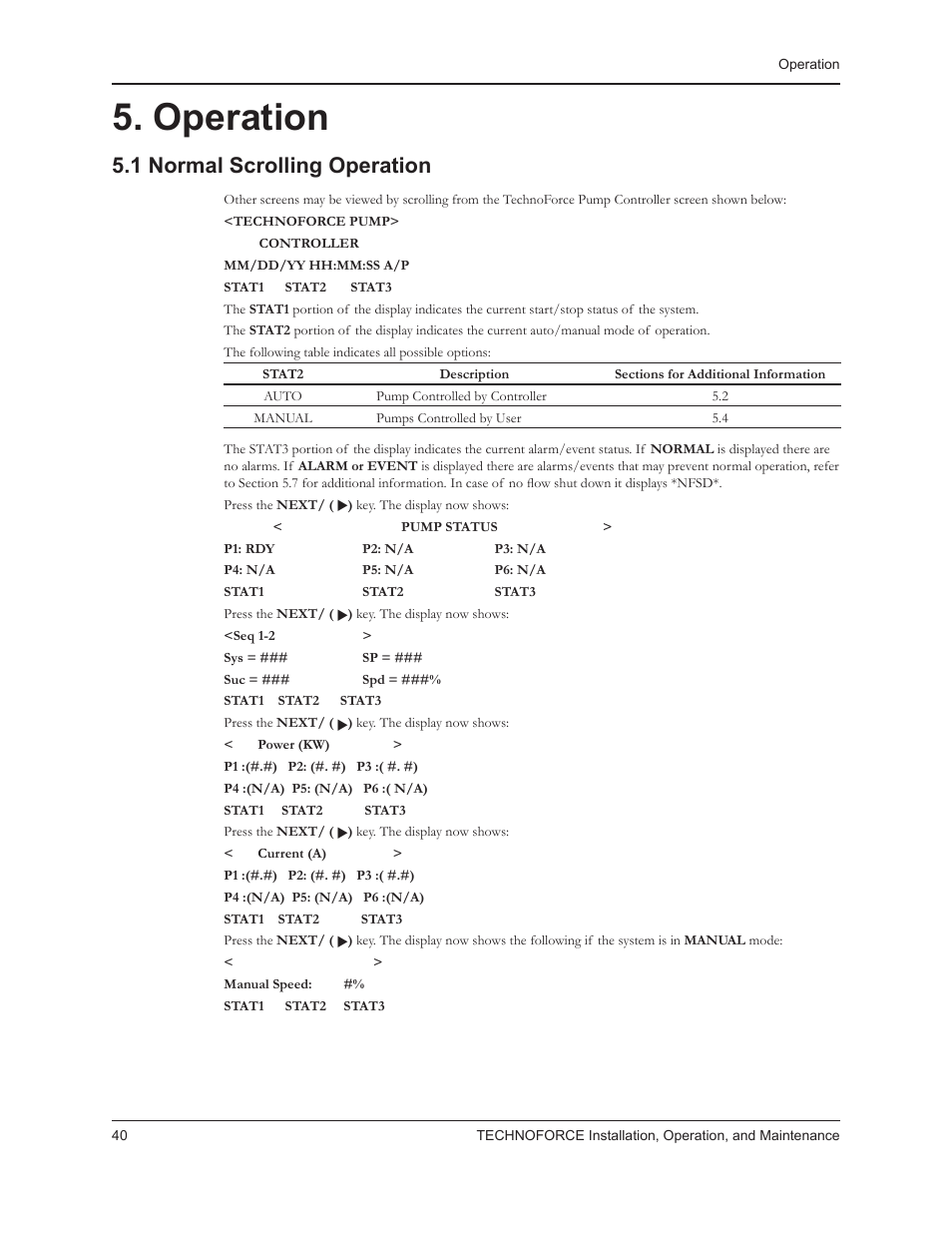 Operation, 1 normal scrolling operation | Bell & Gossett 10 001 265R5 TechnoForce Pump Controller User Manual | Page 46 / 76