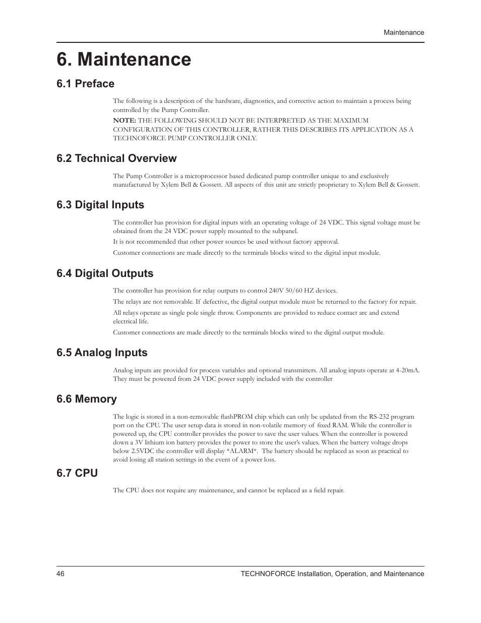 Maintenance, 1 preface, 2 technical overview | 3 digital inputs, 4 digital outputs, 5 analog inputs, 7 cpu | Bell & Gossett 10 001 265R5 TechnoForce Pump Controller User Manual | Page 52 / 76