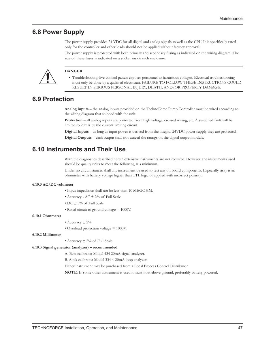 8 power supply, 9 protection, 10 instruments and their use | Bell & Gossett 10 001 265R5 TechnoForce Pump Controller User Manual | Page 53 / 76
