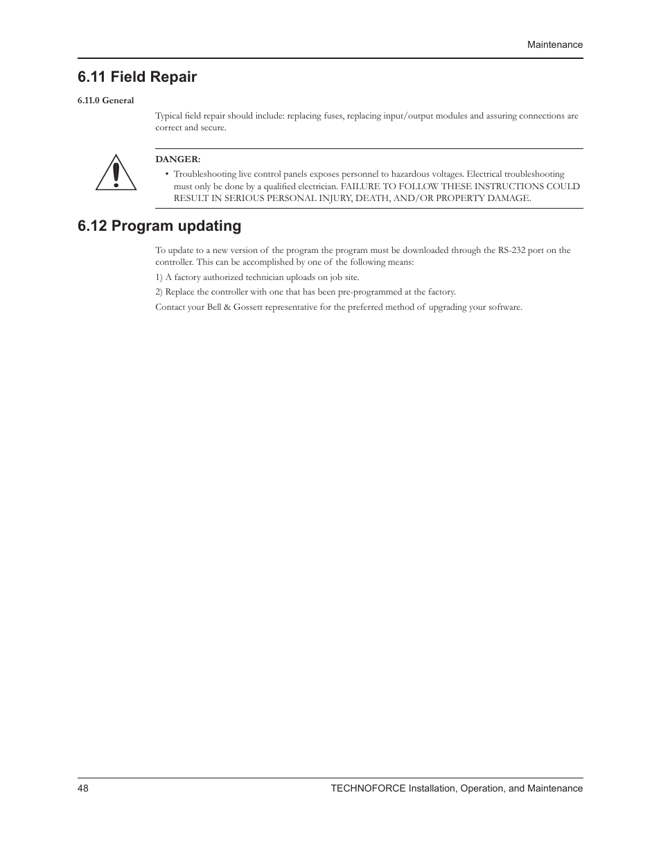 11 field repair, 12 program updating | Bell & Gossett 10 001 265R5 TechnoForce Pump Controller User Manual | Page 54 / 76