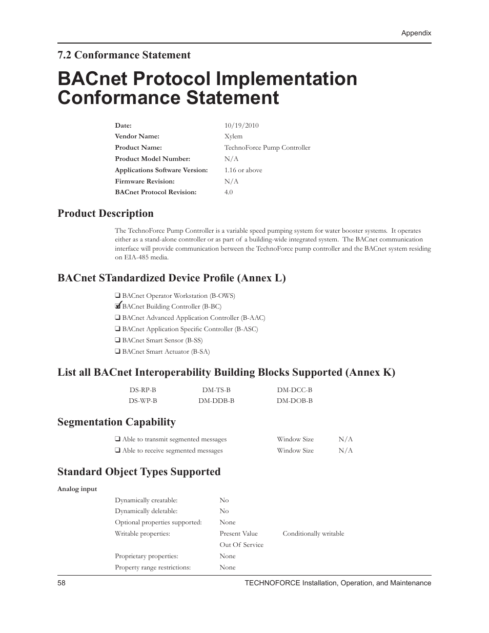 2 conformance statement, Product description, Bacnet standardized device profile (annex l) | Segmentation capability, Standard object types supported | Bell & Gossett 10 001 265R5 TechnoForce Pump Controller User Manual | Page 64 / 76
