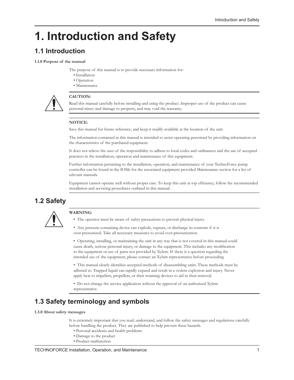 Introduction and safety, 1 introduction, 2 safety | 3 safety terminology and symbols | Bell & Gossett 10 001 265R5 TechnoForce Pump Controller User Manual | Page 7 / 76