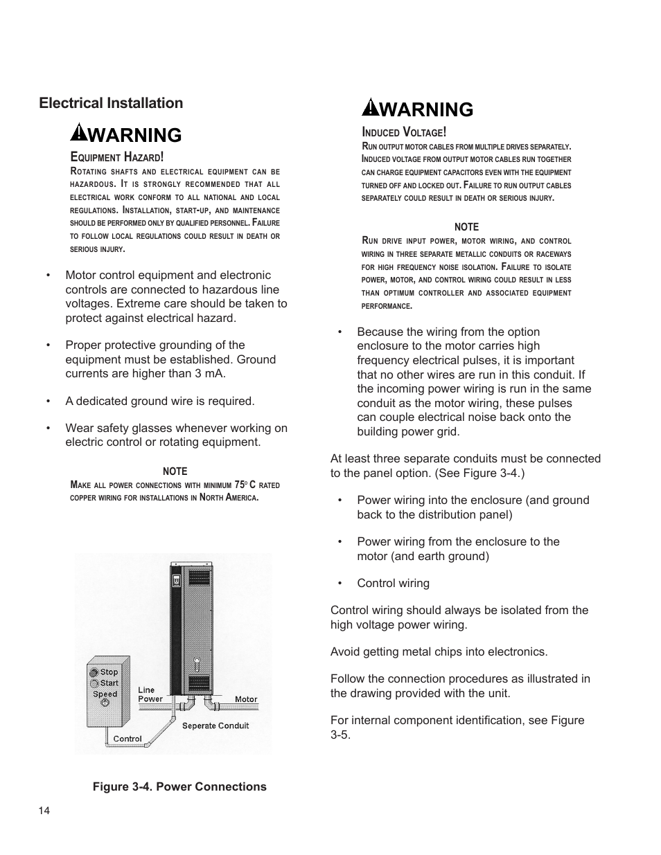 Warning, Electrical installation, Figure 3-4. power connections | Bell & Gossett 176R0649C Technologic 502 Series Pump Controller User Manual | Page 14 / 74