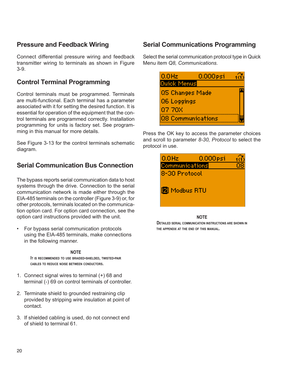 Serial communication bus connection, Pressure and feedback wiring, Control terminal programming | Serial communications programming | Bell & Gossett 176R0649C Technologic 502 Series Pump Controller User Manual | Page 20 / 74