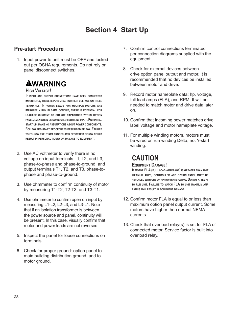 Caution, Warning, Pre-start procedure | Bell & Gossett 176R0649C Technologic 502 Series Pump Controller User Manual | Page 28 / 74