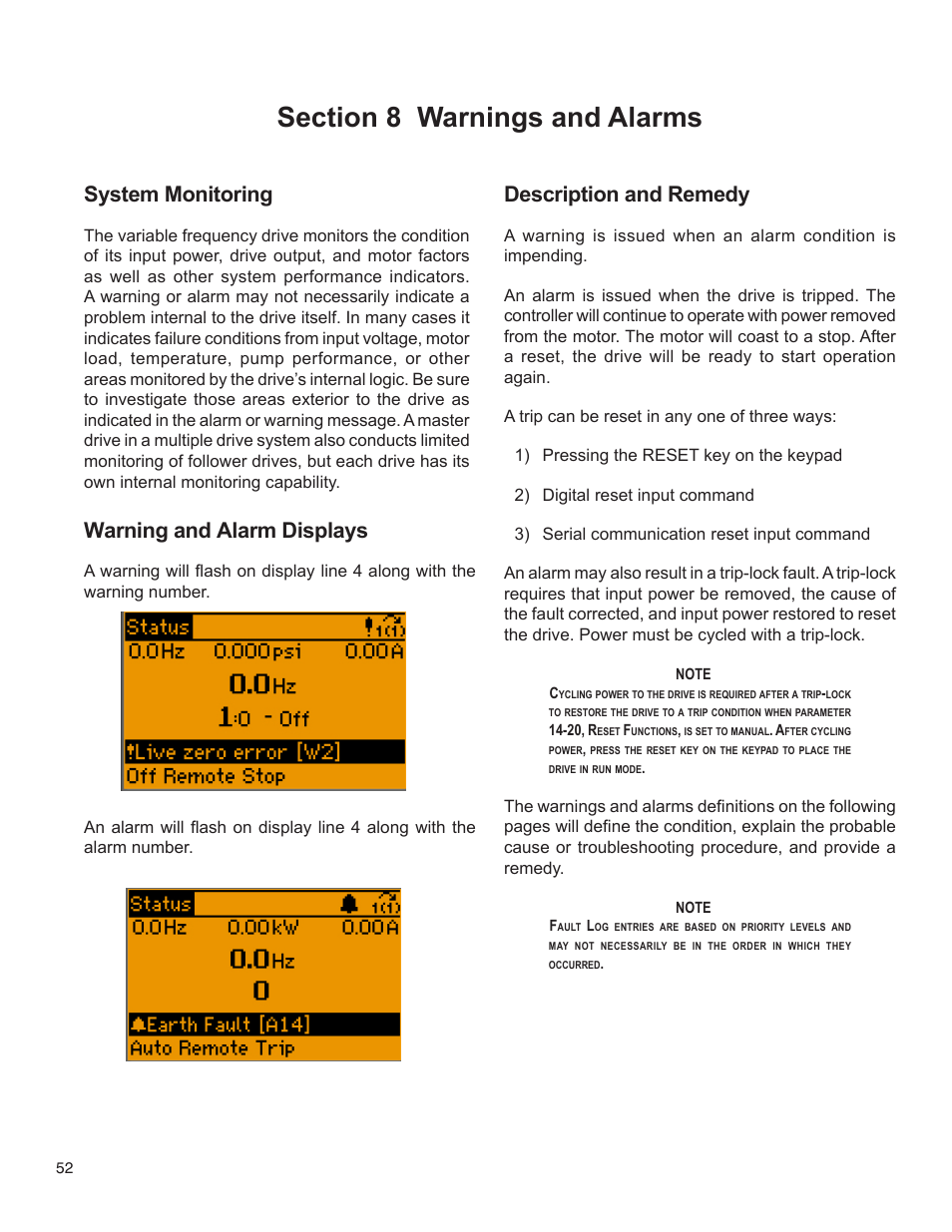 Warning and alarm displays, Description and remedy, System monitoring | Bell & Gossett 176R0649C Technologic 502 Series Pump Controller User Manual | Page 52 / 74