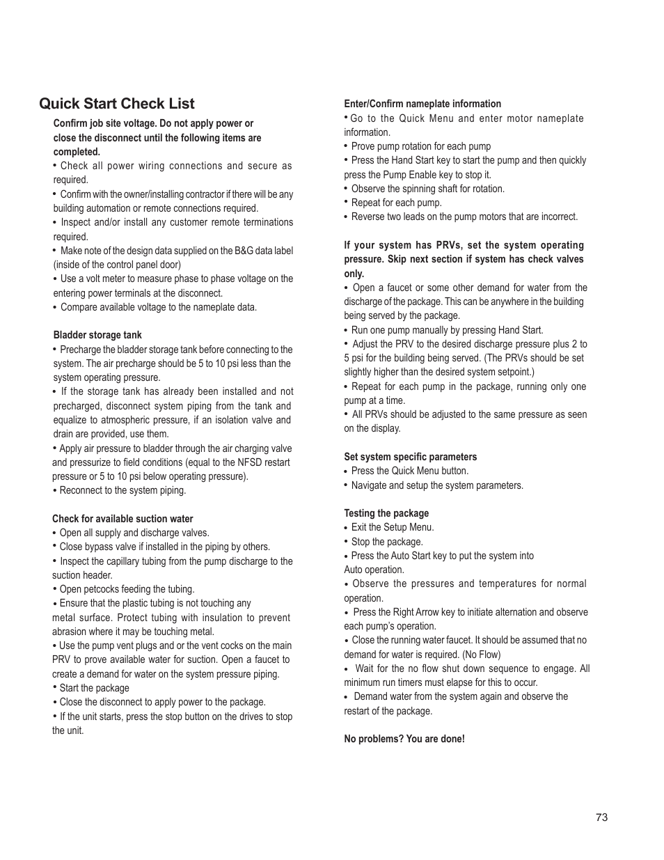 Quick start check list | Bell & Gossett 176R0649C Technologic 502 Series Pump Controller User Manual | Page 73 / 74