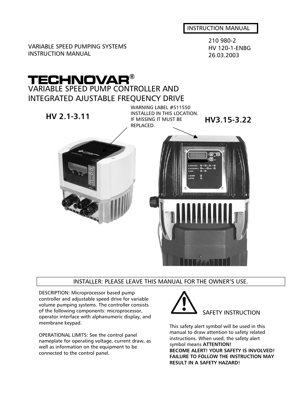 Bell & Gossett 193 TECHNOVAR VARIABLE SPEED PUMP CONTROLLER AND INTEGRATED AJUSTABLE FREQUENCY DRIVE User Manual | 78 pages
