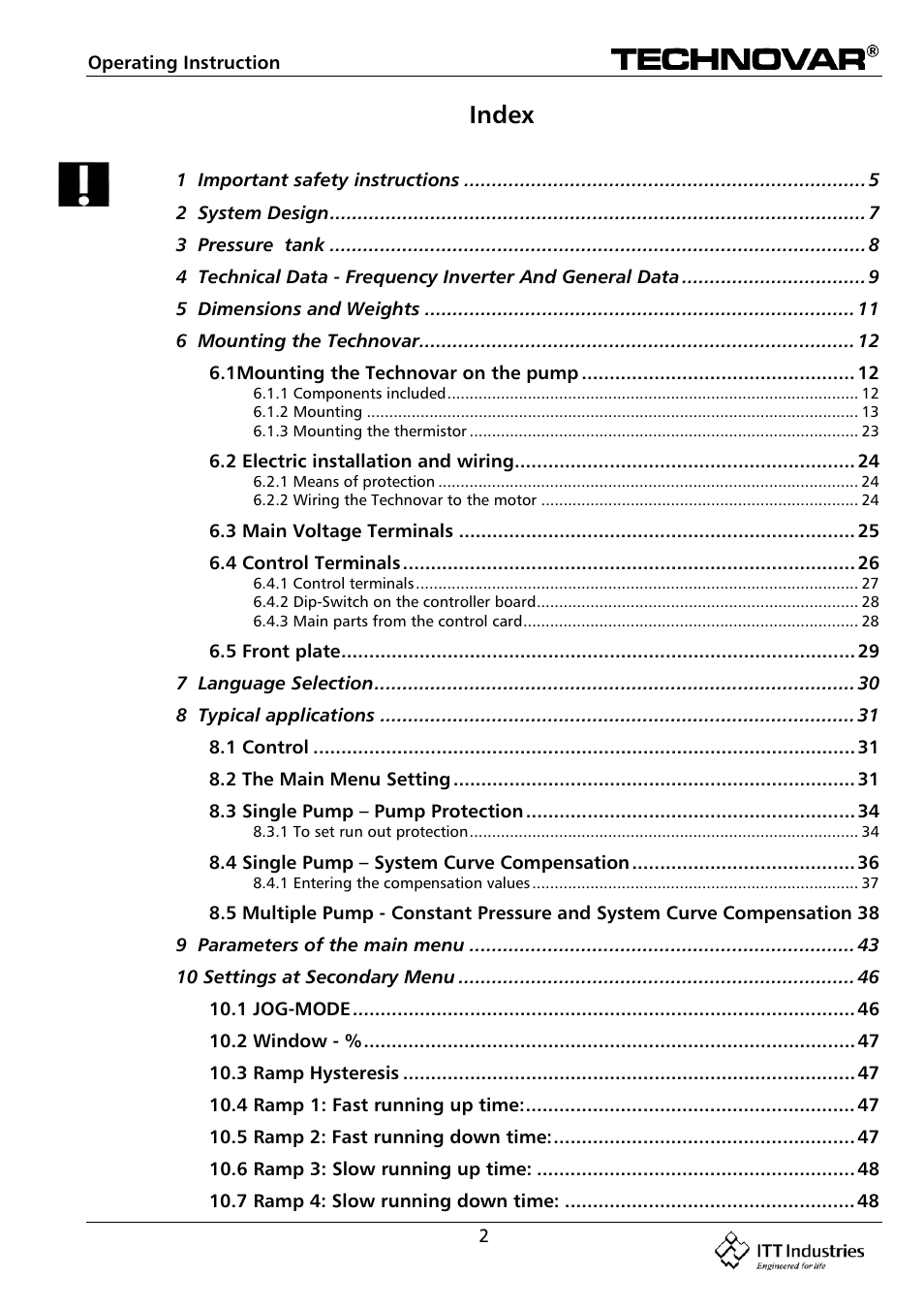 Index | Bell & Gossett 193 TECHNOVAR VARIABLE SPEED PUMP CONTROLLER AND INTEGRATED AJUSTABLE FREQUENCY DRIVE User Manual | Page 2 / 78