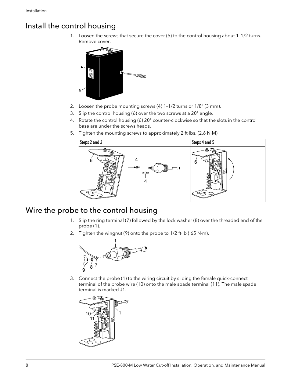 Install the control housing, Wire the probe to the control housing | Bell & Gossett 211013D PSE 800 M Low Water Cut-off User Manual | Page 10 / 20