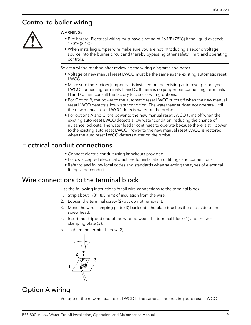 Control to boiler wiring, Electrical conduit connections, Wire connections to the terminal block | Option a wiring | Bell & Gossett 211013D PSE 800 M Low Water Cut-off User Manual | Page 11 / 20