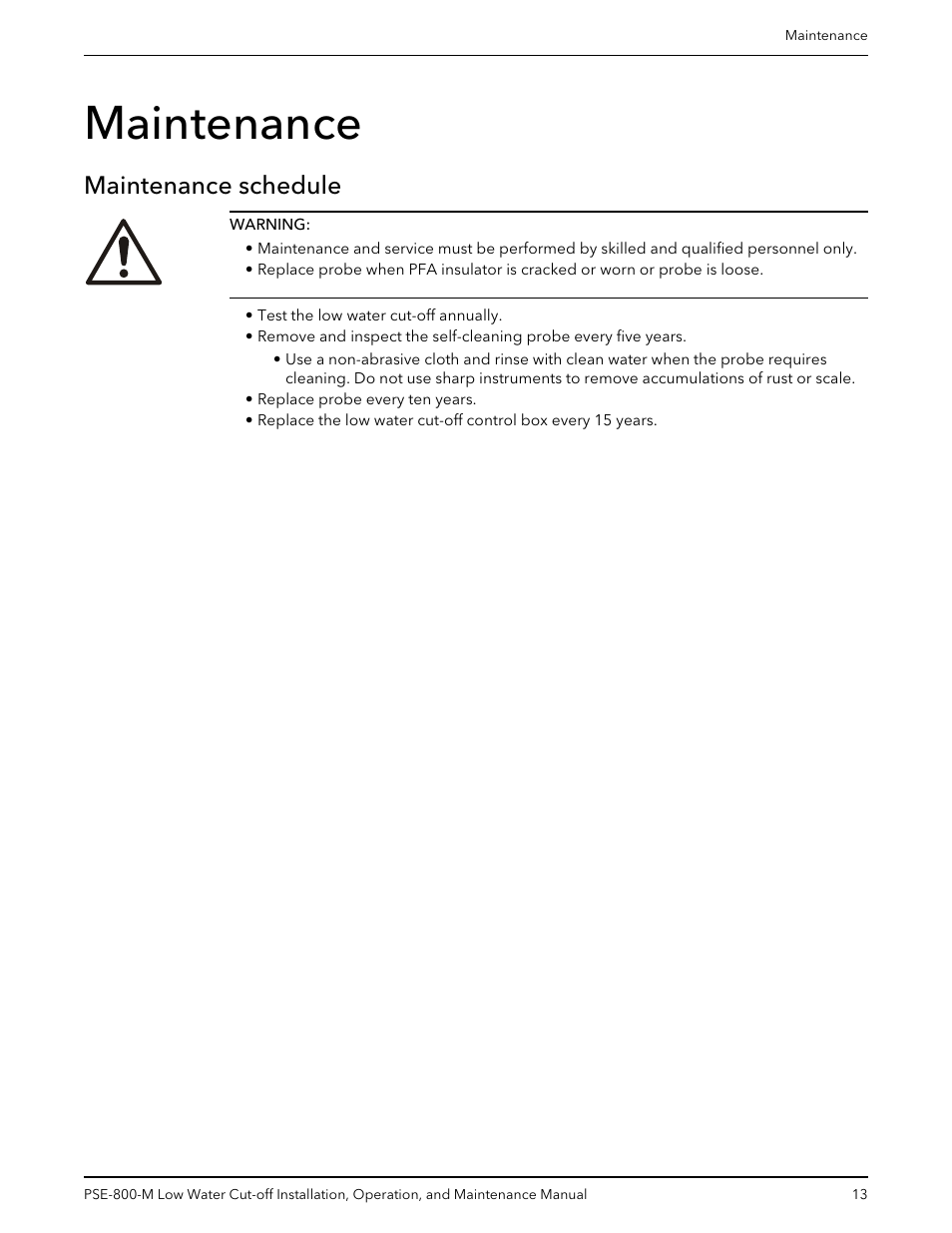 Maintenance, Maintenance schedule | Bell & Gossett 211013D PSE 800 M Low Water Cut-off User Manual | Page 15 / 20