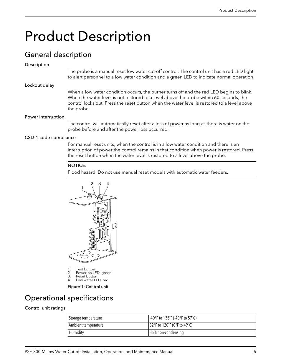 Product description, General description, Operational specifications | General description operational specifications | Bell & Gossett 211013D PSE 800 M Low Water Cut-off User Manual | Page 7 / 20