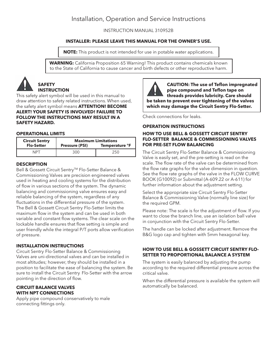Installation, operation and service instructions | Bell & Gossett 310952B Circuit Sentry Flo-Setter Balance & Commissioning Valves with NPT Connections User Manual | Page 2 / 3