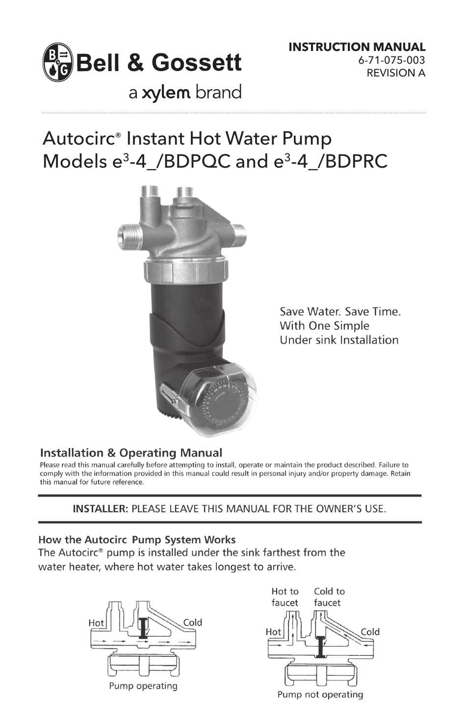 Bell & Gossett 6 71 075 003A Autocirc Instant Hot Water Pump Models e3-4/BDPRC User Manual | 8 pages