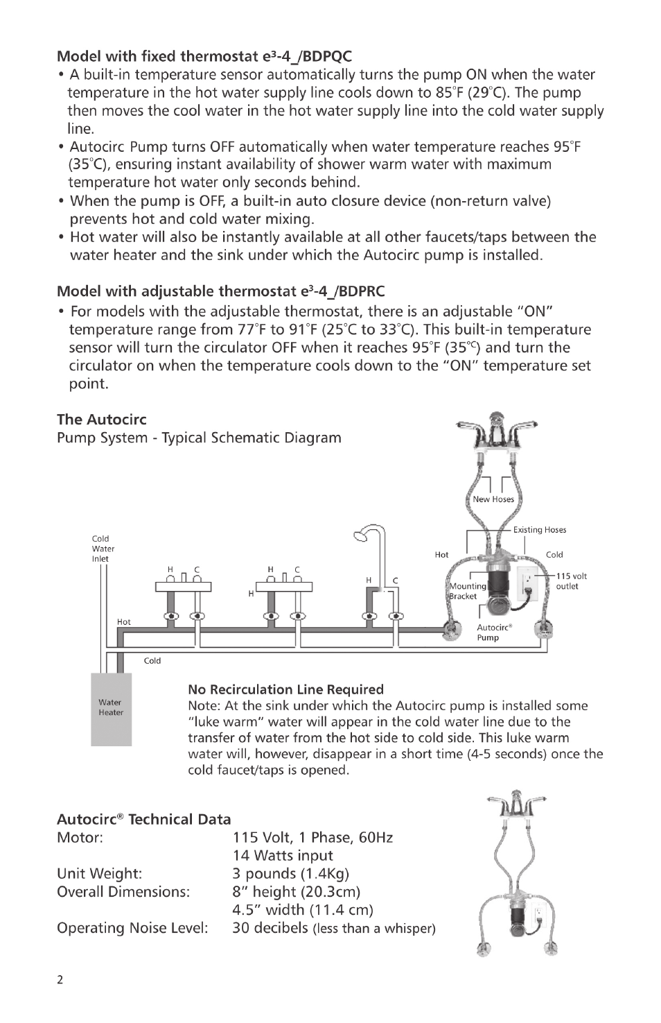 Bell & Gossett 6 71 075 003A Autocirc Instant Hot Water Pump Models e3-4/BDPRC User Manual | Page 2 / 8