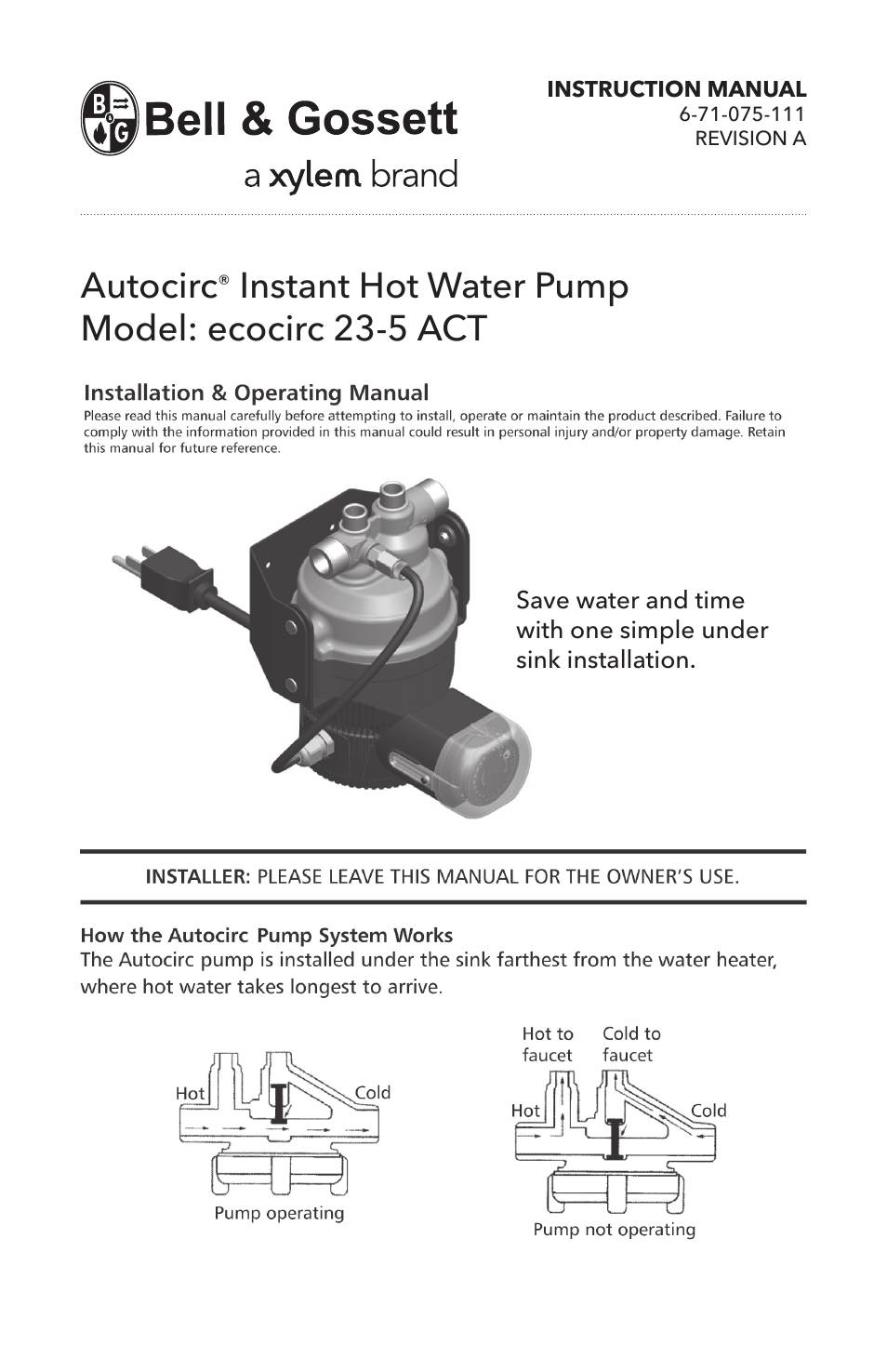 Bell & Gossett 6 71 075 111A Autocirc Instant Hot Water Pump Model ecocirc 23 5 ACT User Manual | 8 pages