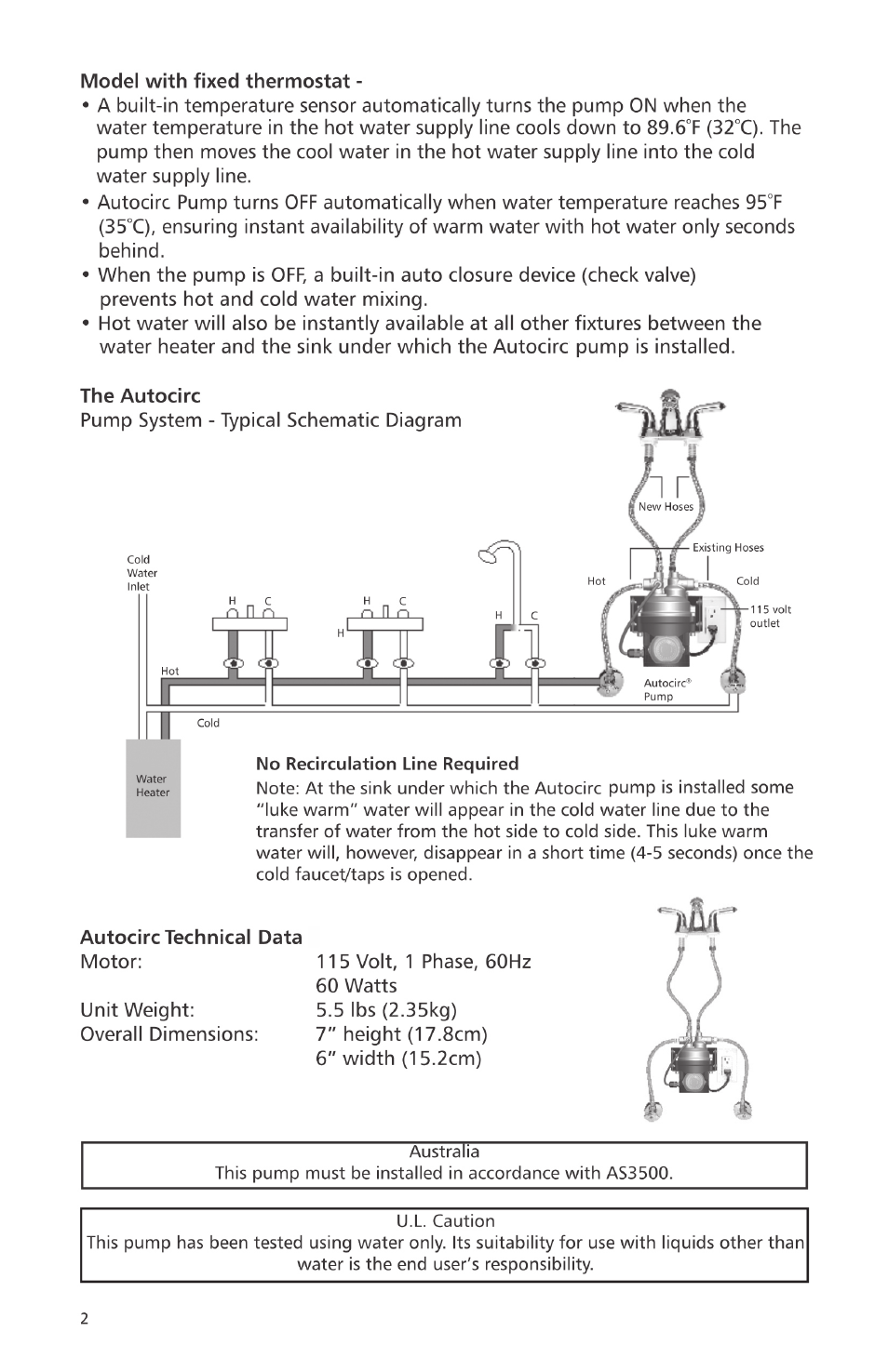 Bell & Gossett 6 71 075 111A Autocirc Instant Hot Water Pump Model ecocirc 23 5 ACT User Manual | Page 2 / 8