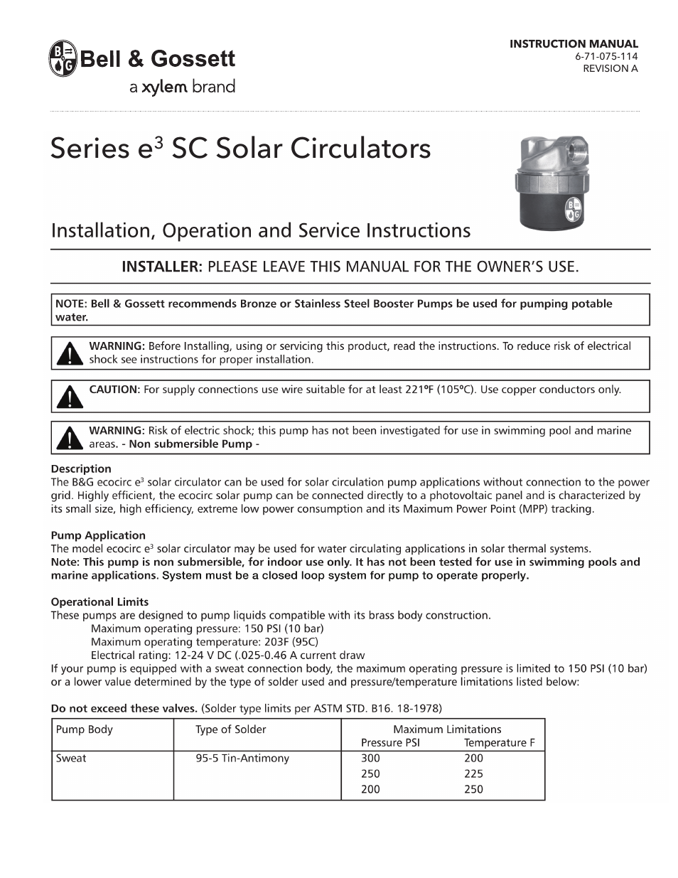 Bell & Gossett 6 71 075 114A Series e3 SC Solar Circulators User Manual | 6 pages