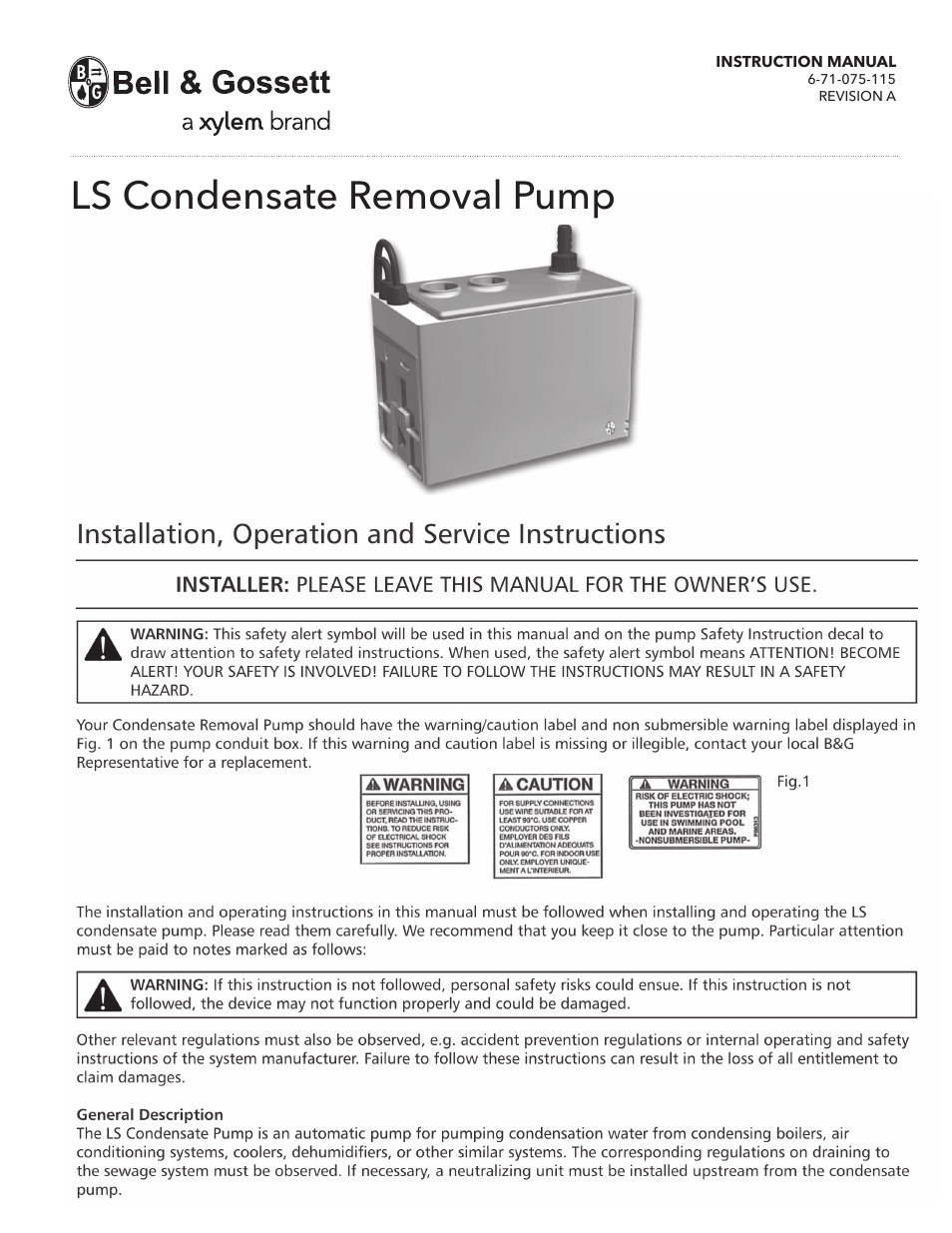 Bell & Gossett 6 71 075 115A LS Condensate Removal Pump User Manual | 6 pages