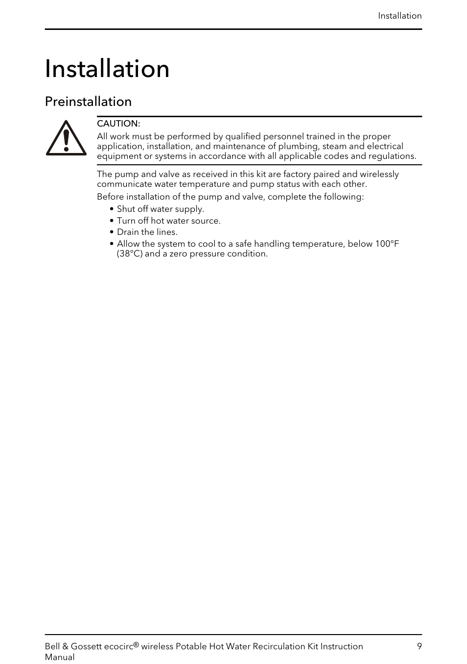 Installation, Preinstallation | Bell & Gossett 6 71 075 141B ecocirc wireless Potable Hot Water Recirculation Kit User Manual | Page 11 / 28