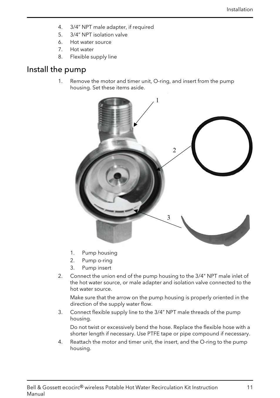 Install the pump | Bell & Gossett 6 71 075 141B ecocirc wireless Potable Hot Water Recirculation Kit User Manual | Page 13 / 28
