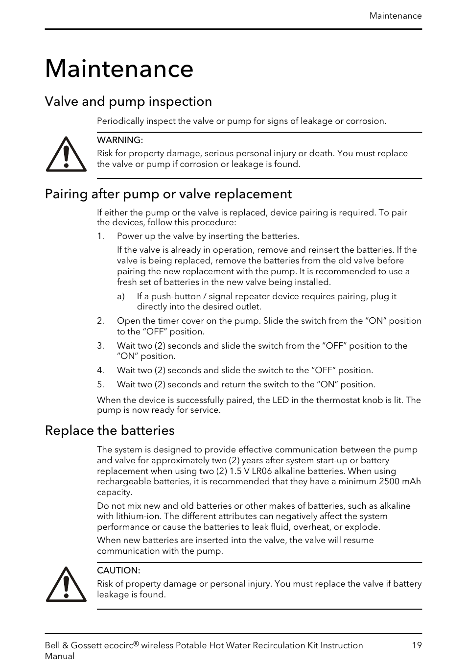 Maintenance, Valve and pump inspection, Pairing after pump or valve replacement | Replace the batteries | Bell & Gossett 6 71 075 141B ecocirc wireless Potable Hot Water Recirculation Kit User Manual | Page 21 / 28