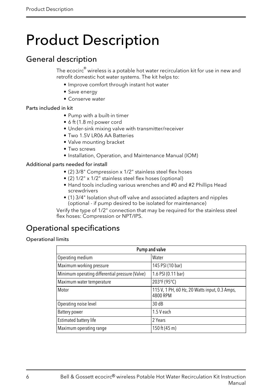 Product description, General description, Operational specifications | General description operational specifications | Bell & Gossett 6 71 075 141B ecocirc wireless Potable Hot Water Recirculation Kit User Manual | Page 8 / 28