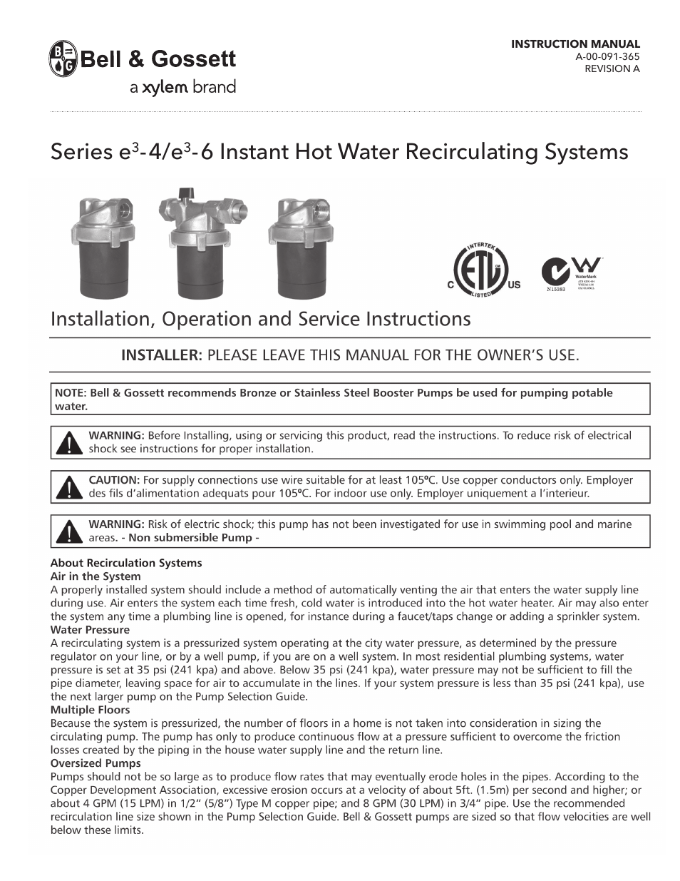 Bell & Gossett A 00 091 365A Series e3 4/e3 6 Instant Hot Water Recirculating Systems User Manual | 6 pages