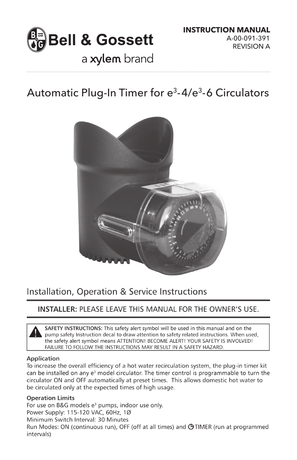 Bell & Gossett A 00 091 391A Automatic Plug-In Timer for e³-4/e³-6 Circulators User Manual | 2 pages