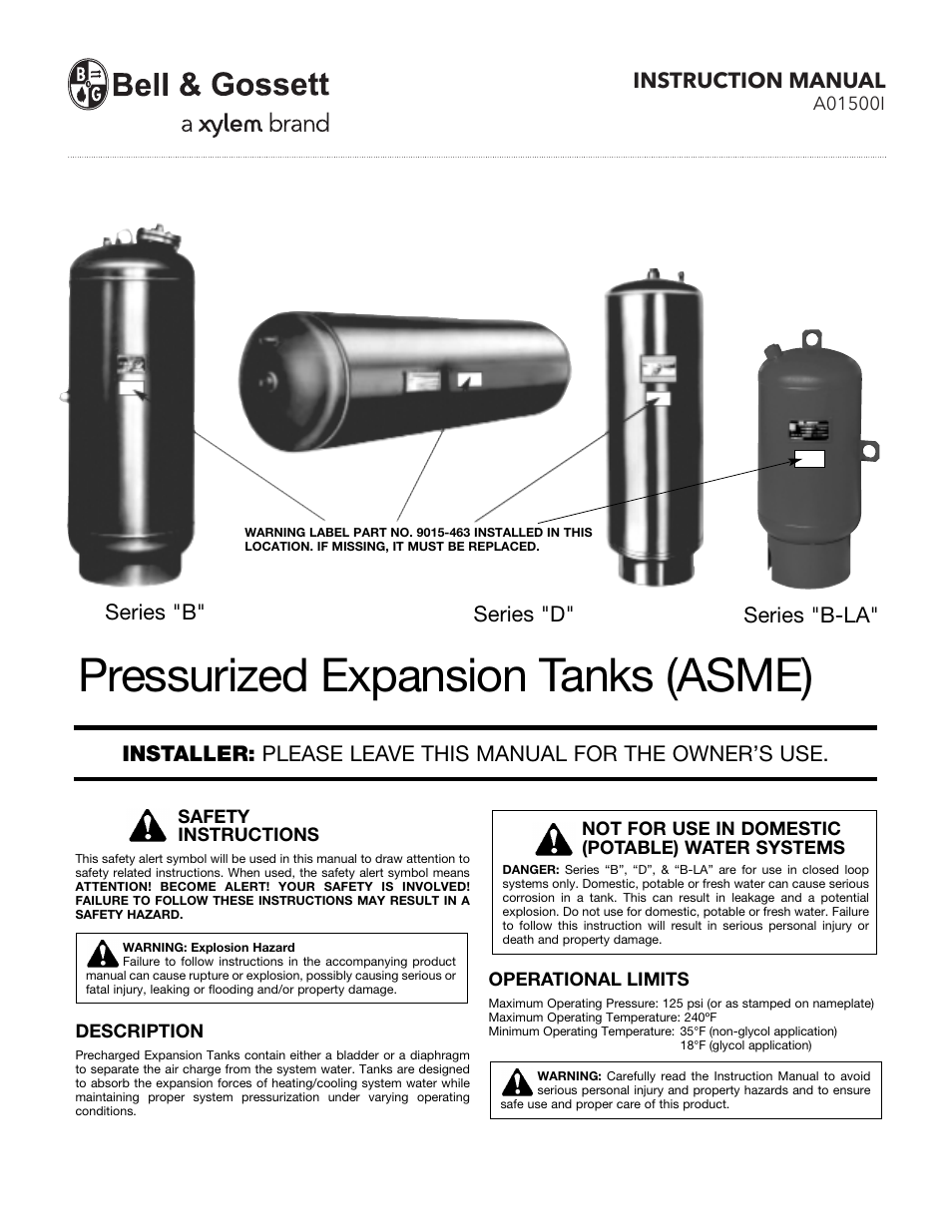 Bell & Gossett A01500I Pressurized Expansion Tanks (ASME) User Manual | 6 pages
